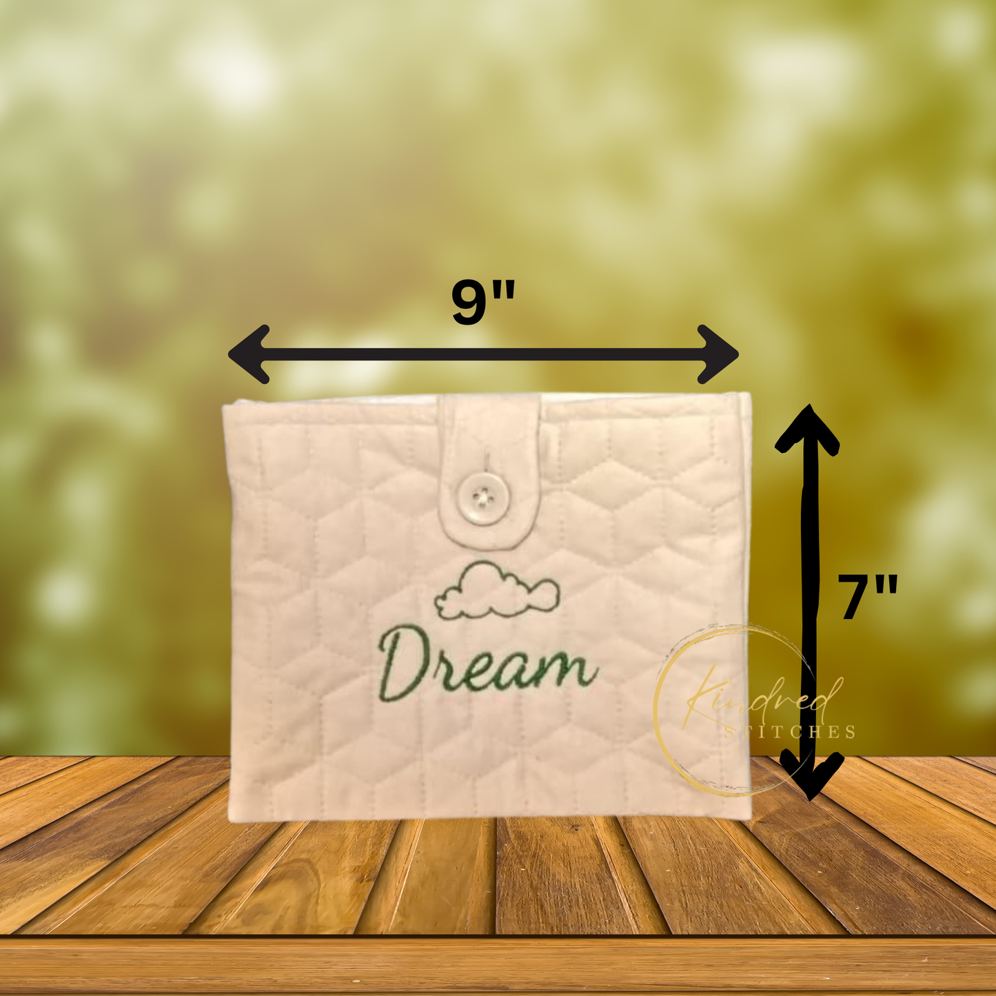 Quilted Book Sleeve “Dream” – Embroidered Cloud Book Cover with Button Closure | 9x7 Inch Soft Padded Book Protector Gift