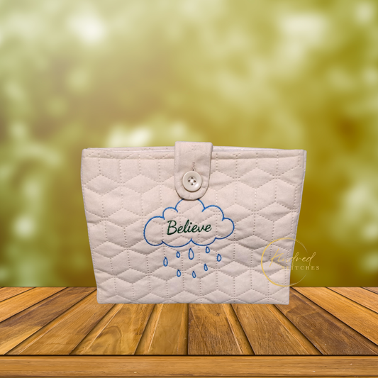 Believe Book Pouch – Embroidered Book Sleeve with Button Closure (8" x 10")