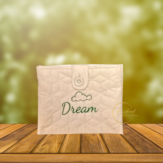 Quilted Book Sleeve “Dream” – Embroidered Cloud Book Cover with Button Closure | 9x7 Inch Soft Padded Book Protector Gift